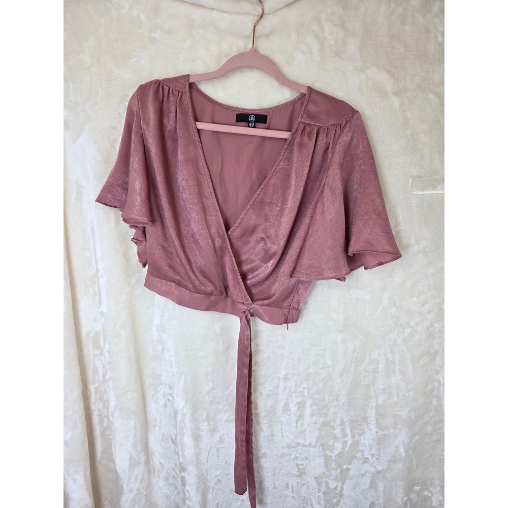 Missguided Mauve Pink Satin Wrap Crop Top Short Flutter‎ Sleeve V-Neck US 6